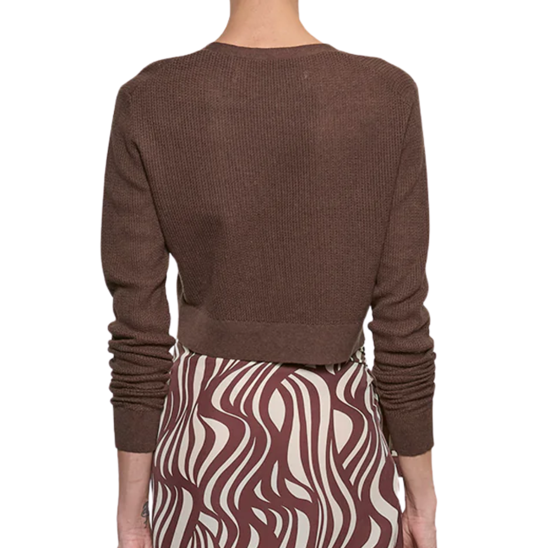 Linen Open Knit Cropped V Neck Cardigan in Chocolate