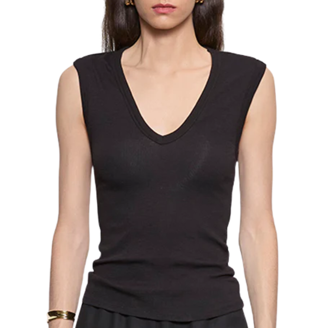 Textured Rib Sleeveless V in Black