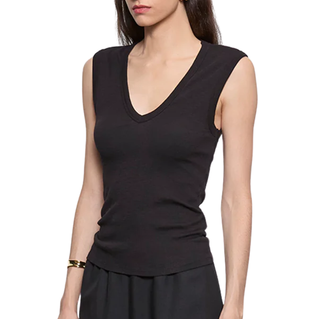 Textured Rib Sleeveless V in Black