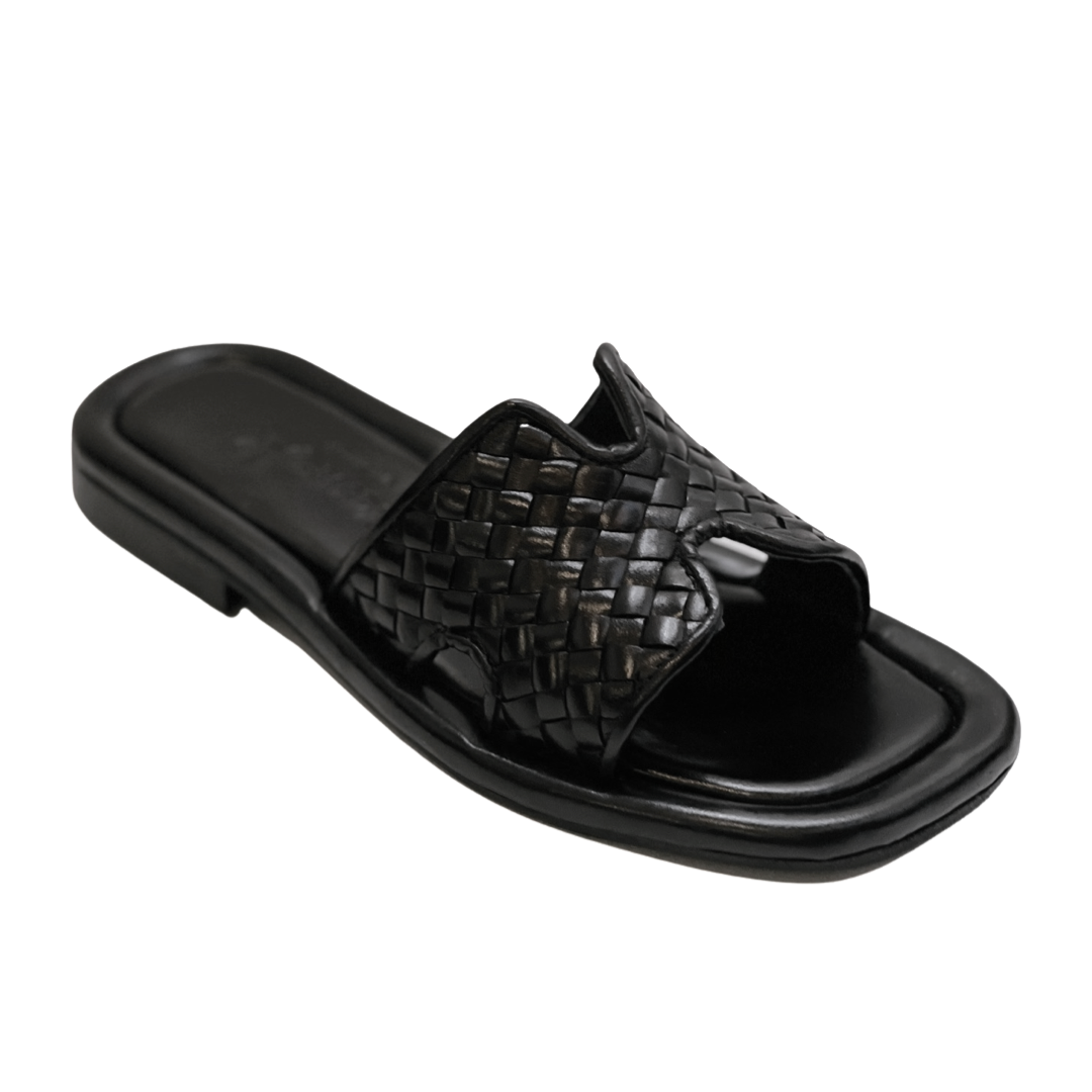 Woven Leather Notched Slide Sandal in Black