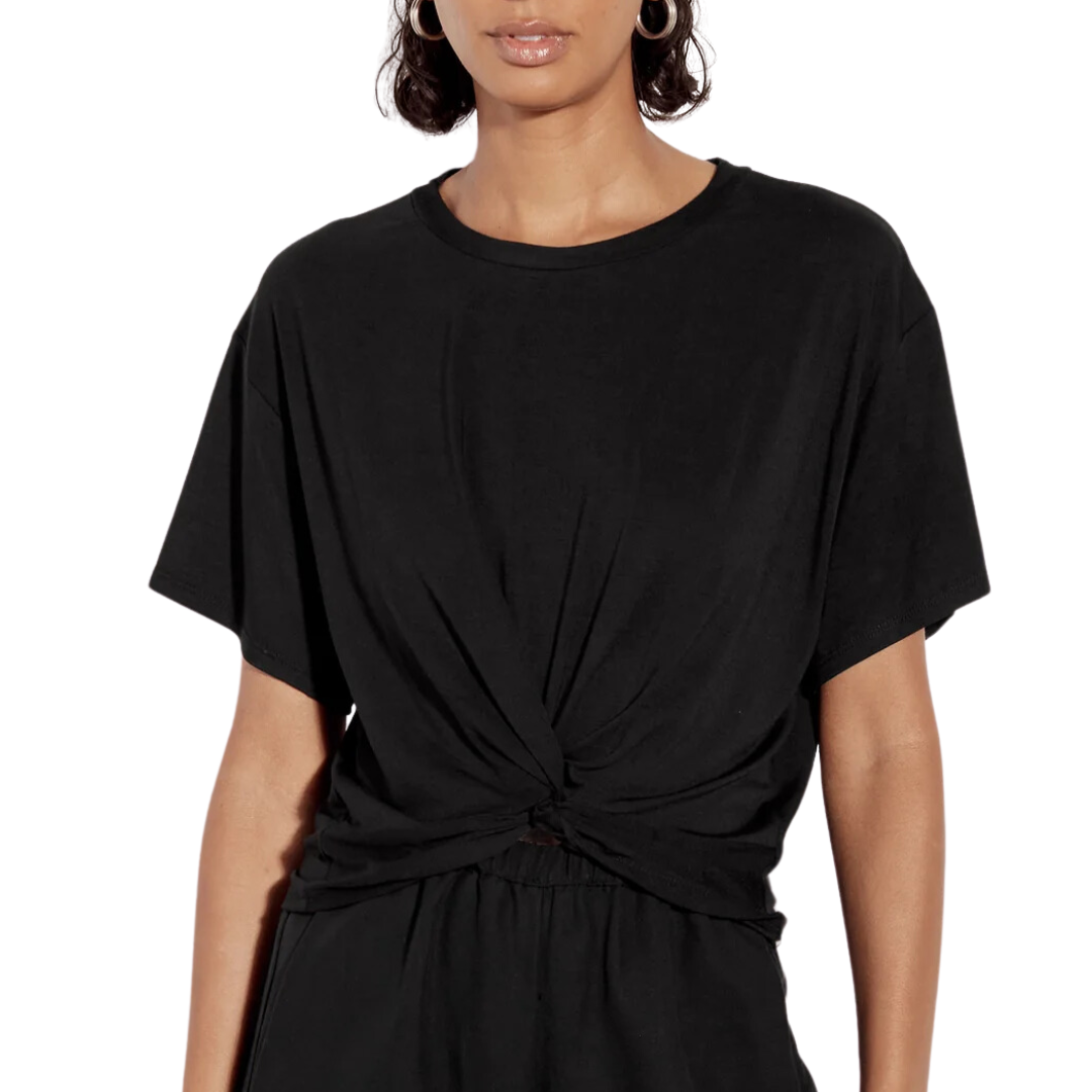 Italian Viscose Short Sleeve Knot Top in Black