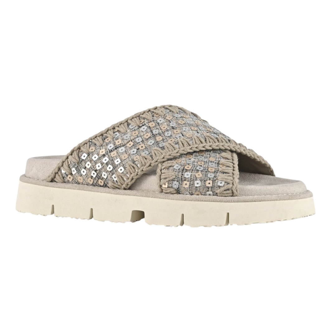 Criss-Cross Bio Sandal Denim and Sequins in Gold