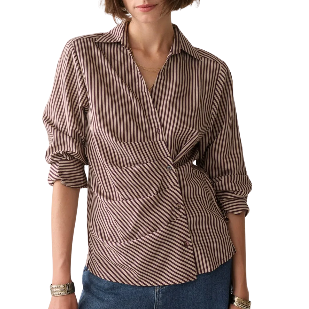 Two Tone Small Stripe Blouse in Dark Burgundy