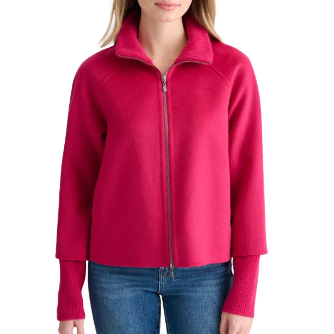 Classic Knit Trim Zip Mock Coat in Cranberry