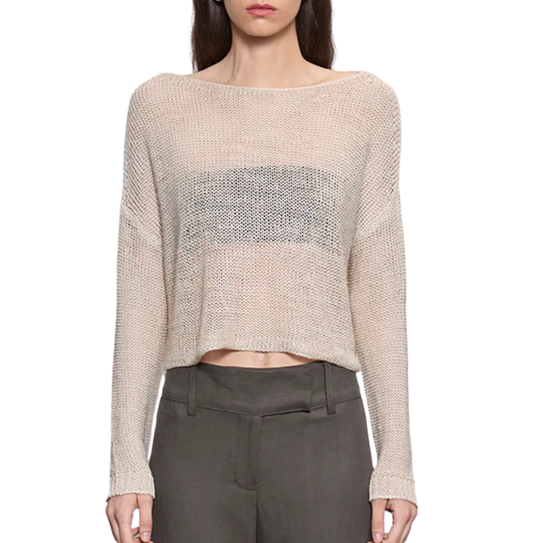 Linen Open Knit Bateau Sweater in Pearl Grey