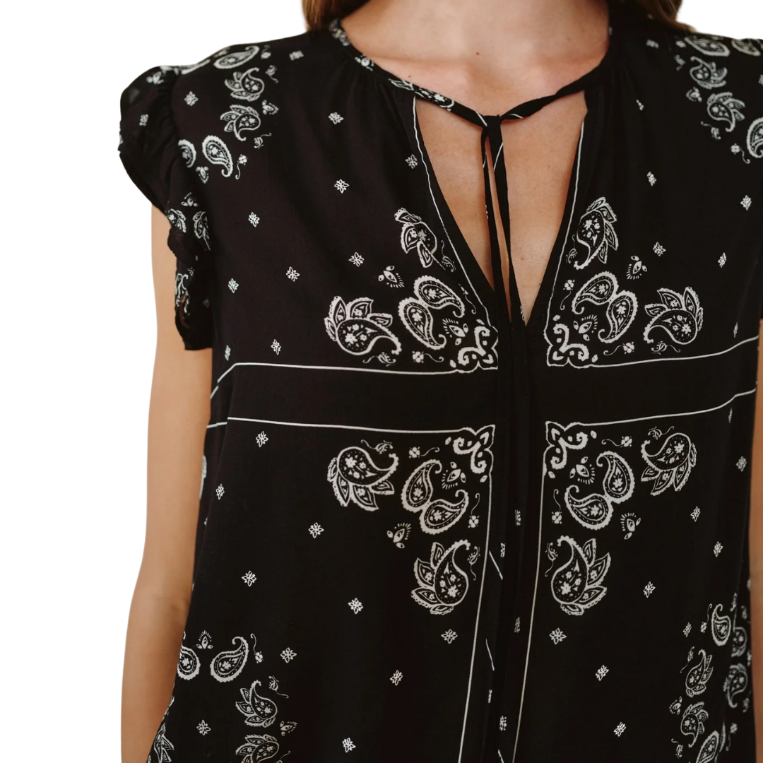 Ruffle Sleeve Tie Neck in Bandana Print
