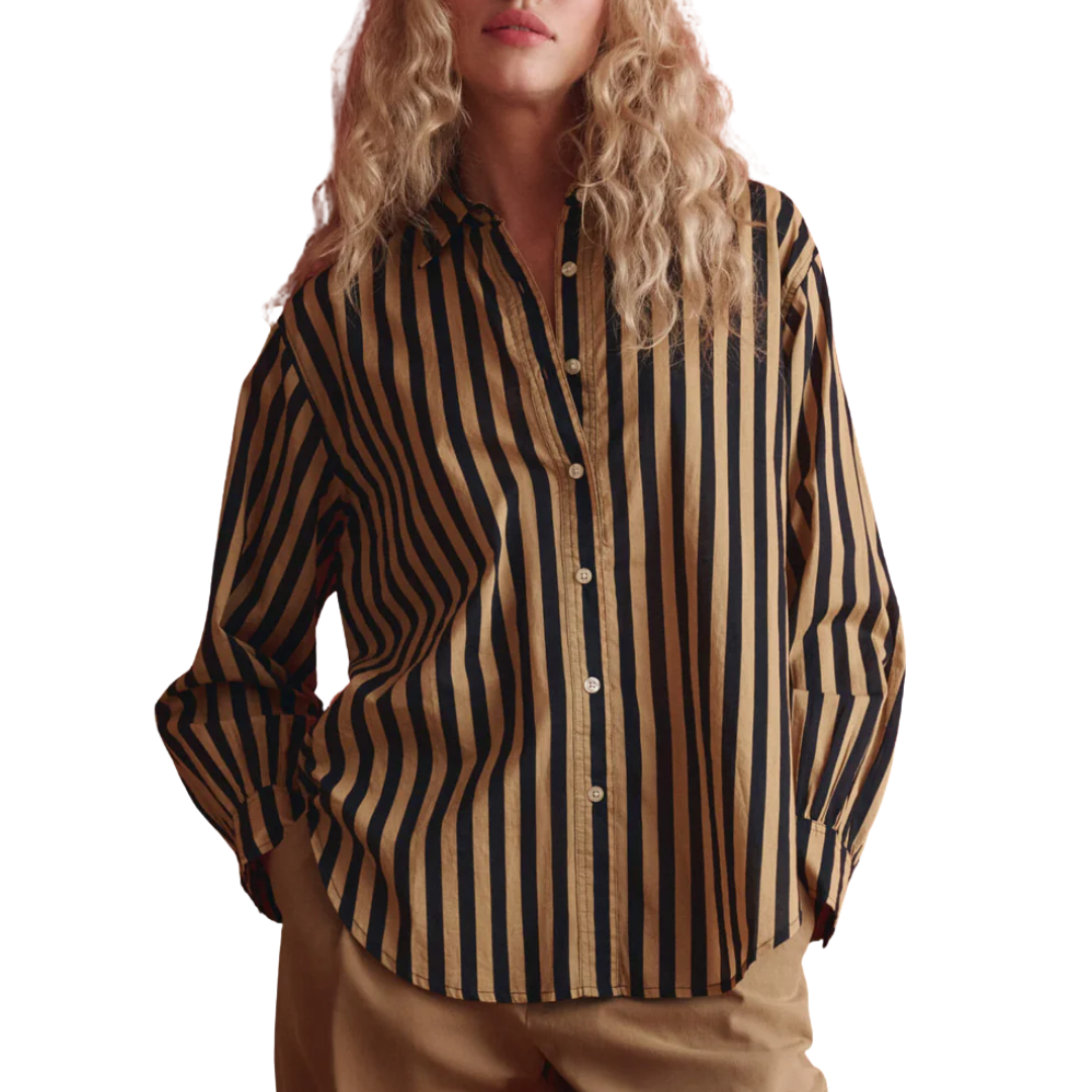 The Daily Button Up in Khaki/Black Club Stripe