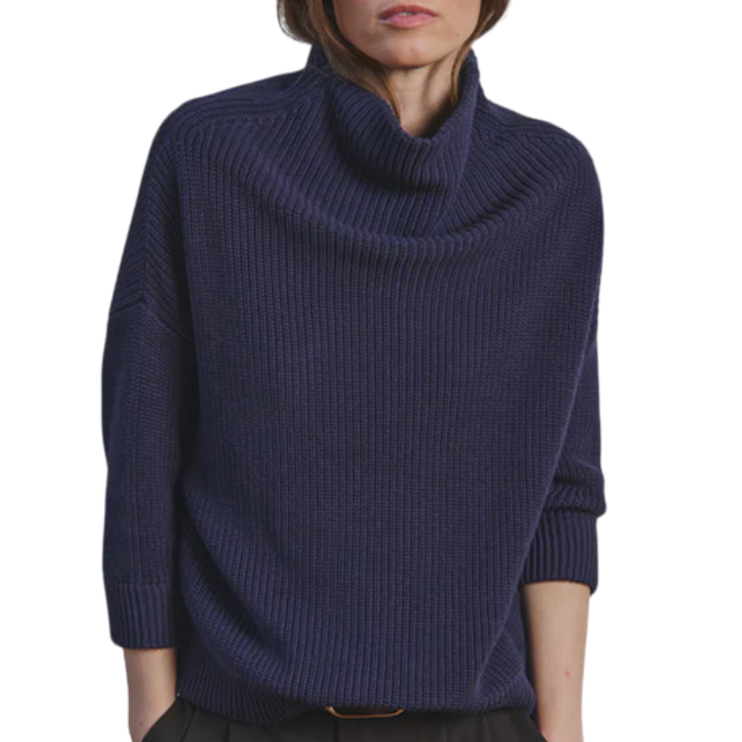 Half Cardigan Stitch Funnel Neck in Navy