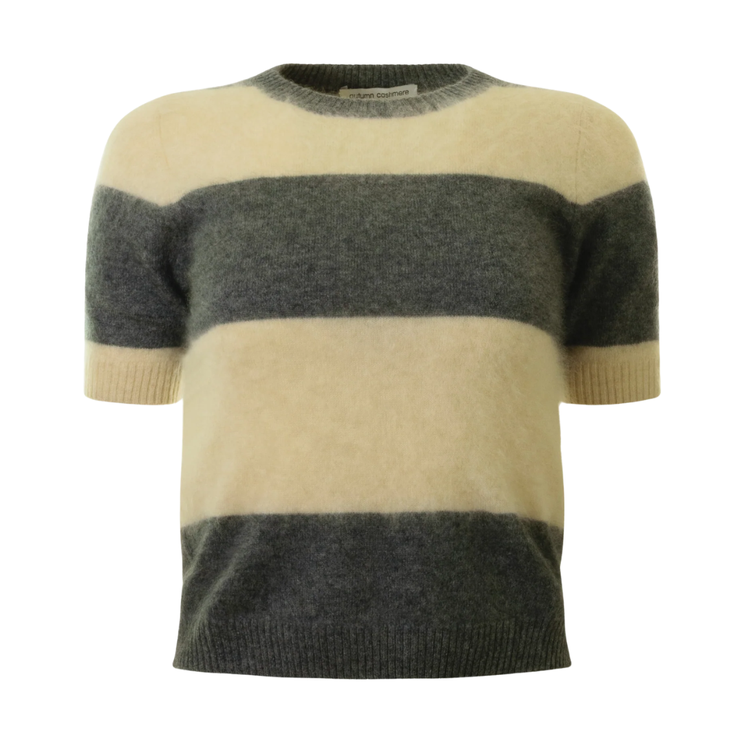 Rugby Striped Cropped S/S Crew in Pewter/Parchment
