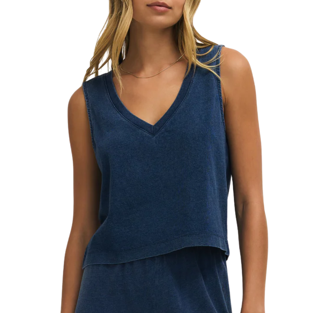 Sloane V-Neck Jersey Denim Top in Indigo