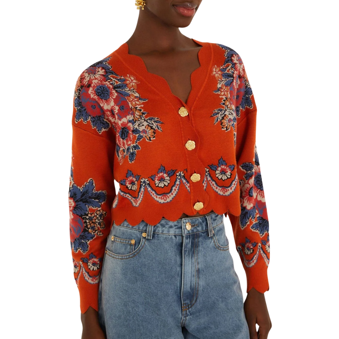 Victorian Floral Buttoned Knit Cardigan in Terracota