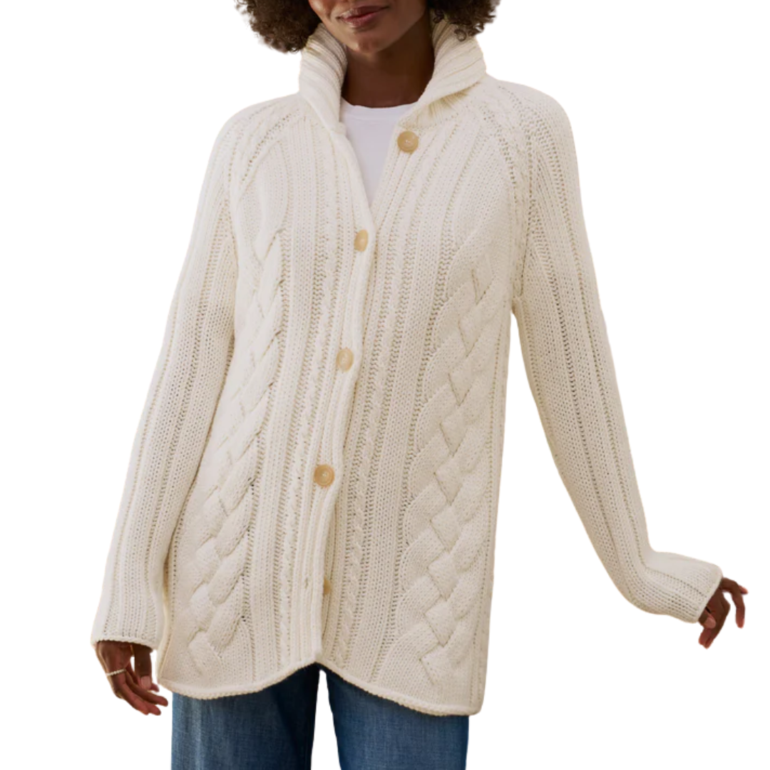 Cotswolds-Cable Knit Cardigan in Ivory