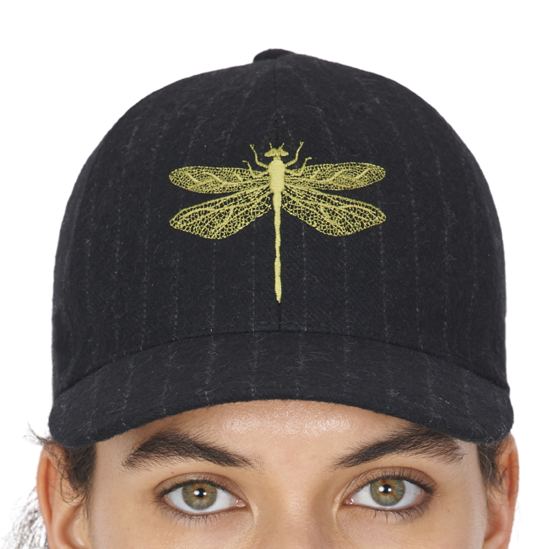 Pinstripe Wool Embroidered Cap in Black