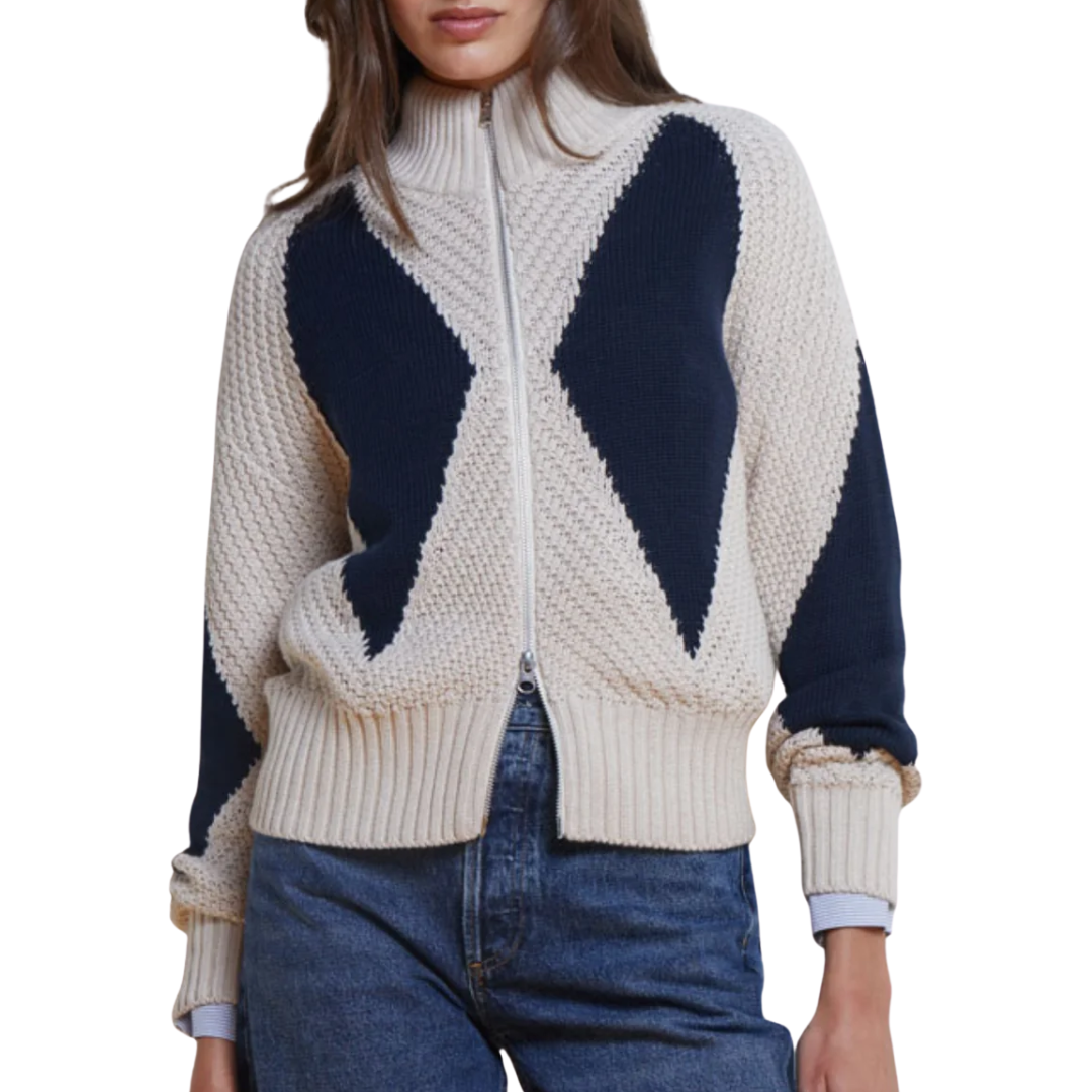 Diamond Mock Neck Zip Up in Natural/Navy blue
