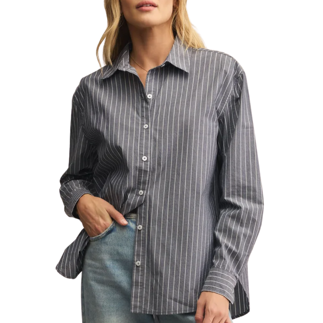 Seaport Striped Poplin Shirt in Washed Grey