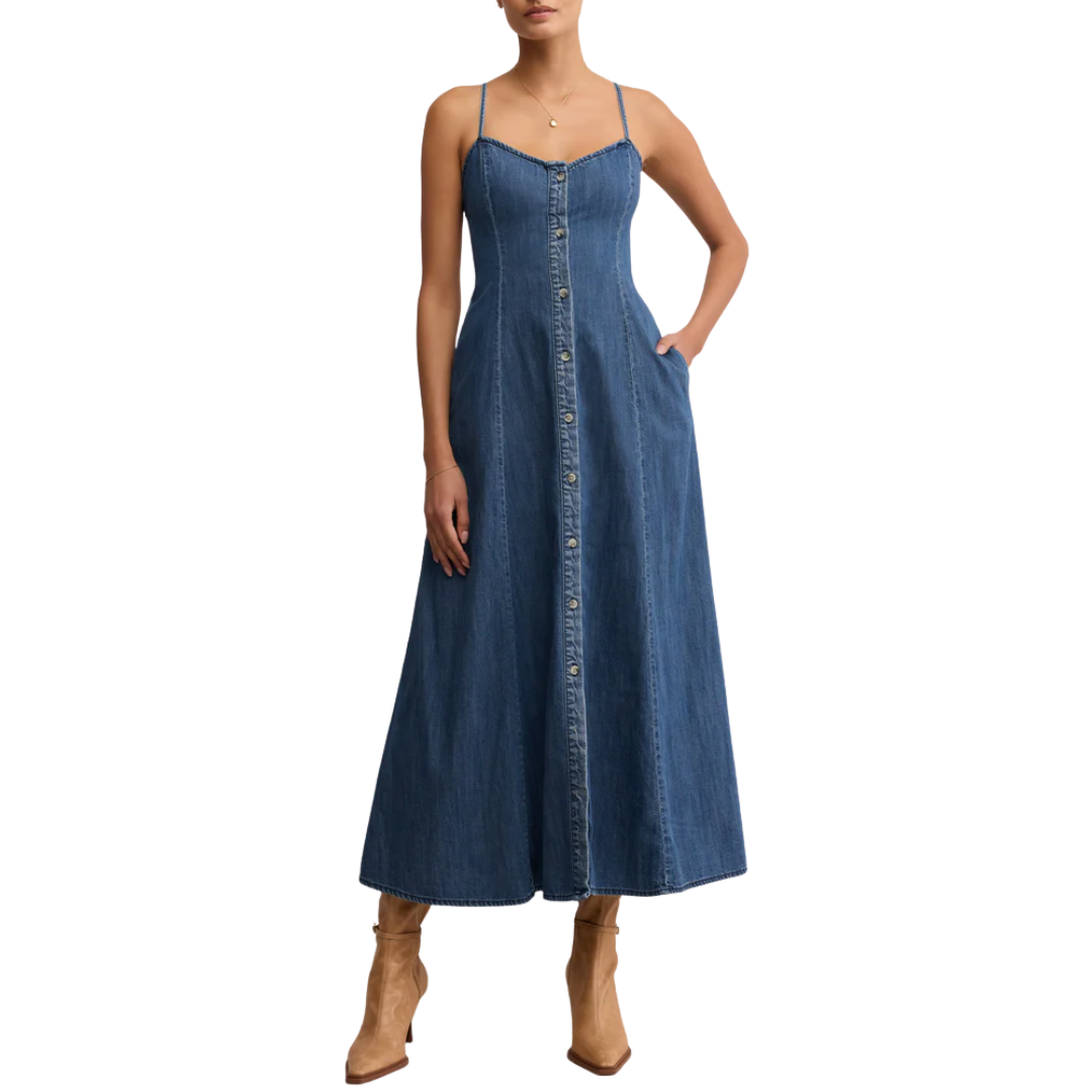 Angel Eyes Denim Midi Dress in Medium Indigo