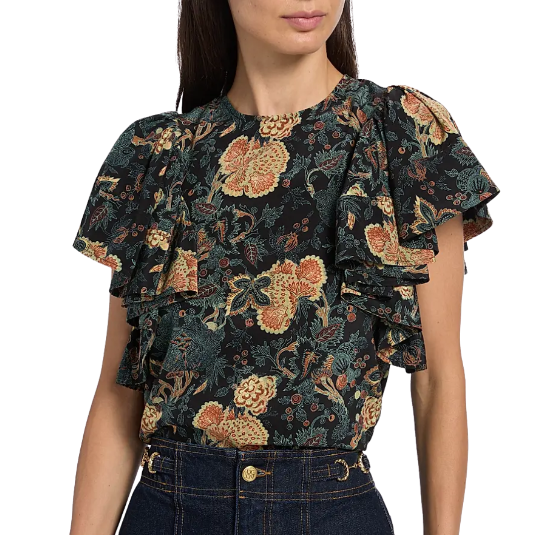 Lena Silk Flutter Sleeve Blouse in Nuit