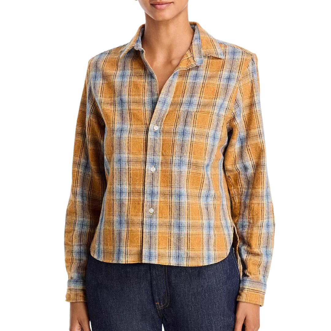 Silvio Untuckable Button-Up Shirt in Gold Blue Large Plaid
