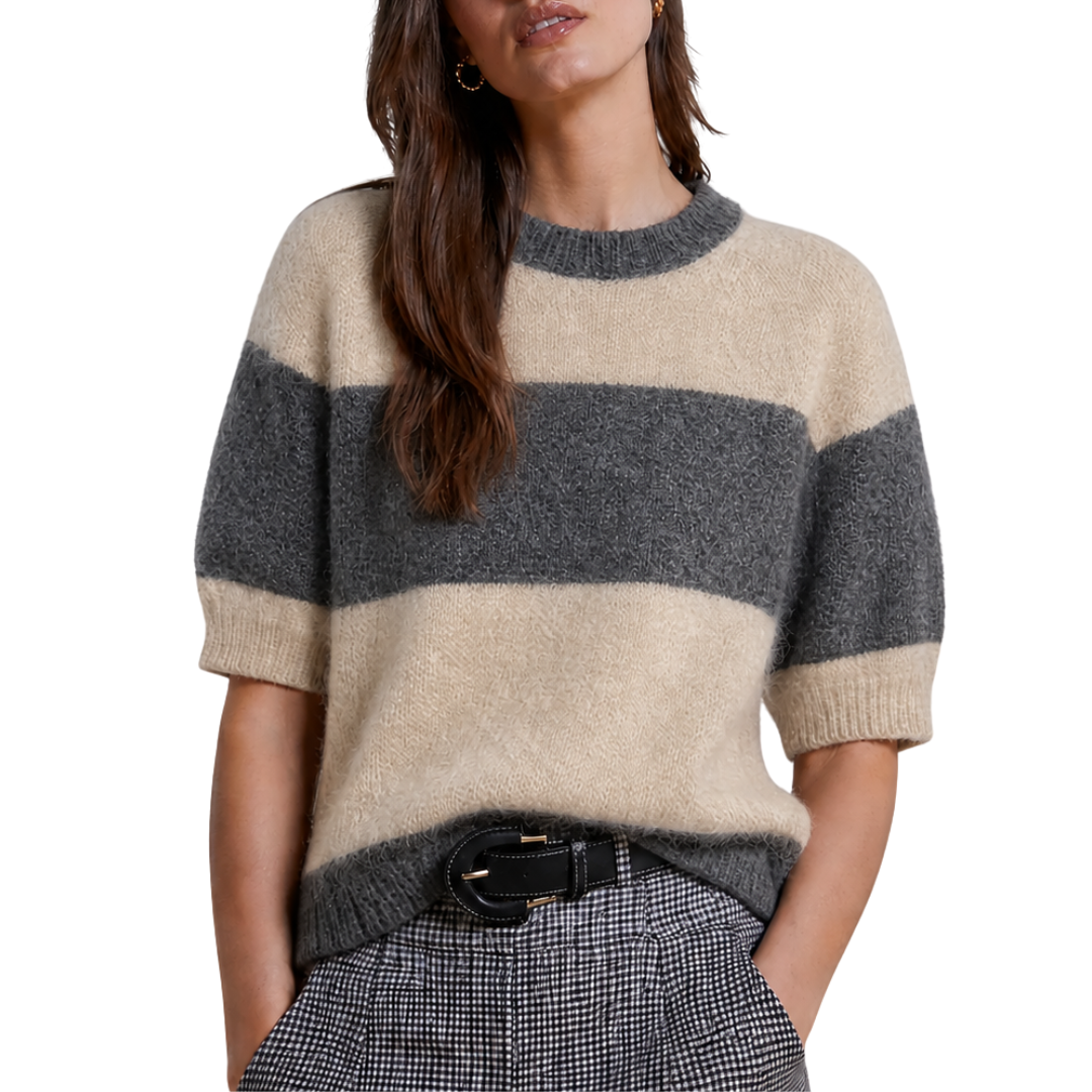 Rugby Striped Cropped S/S Crew in Pewter/Parchment