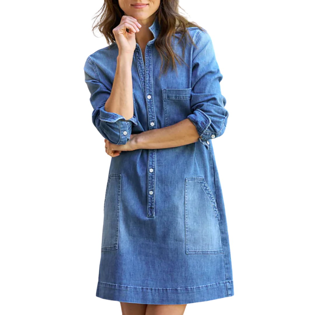 Long-Sleeve Playsuit Dress in 1968 Blue with Light Wash