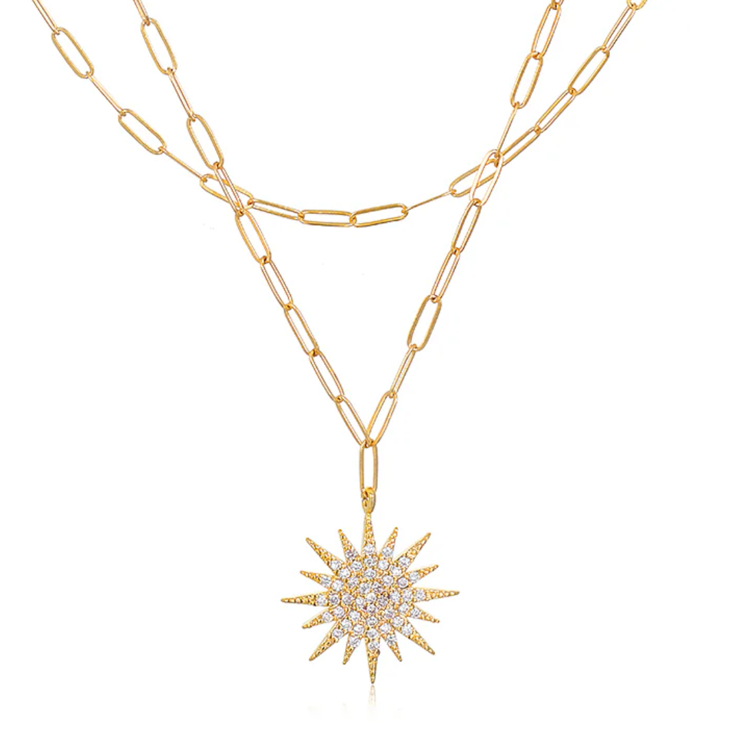 Sunburst Charm Layered Necklace in Gold