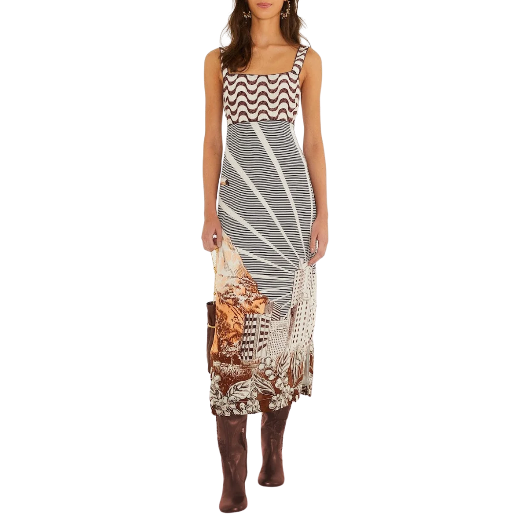 Mixed Carioca Coffee Scarves Sleeveless Midi Dress in Multicolor