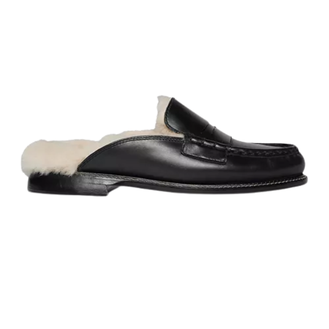Temi Shearling Penny Loafer Mule in Black