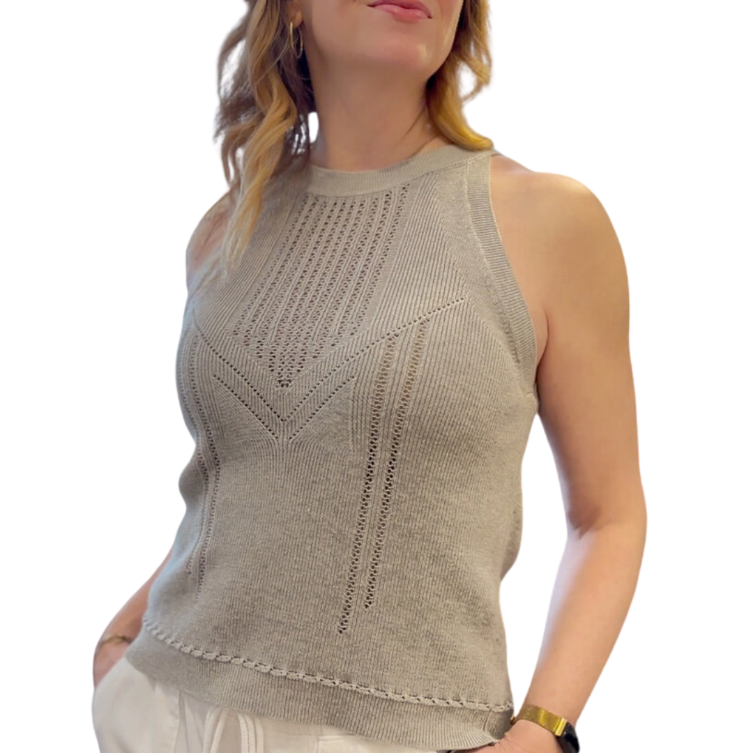 Rib Halter w/ Pointelle Yoke Detail in Greige