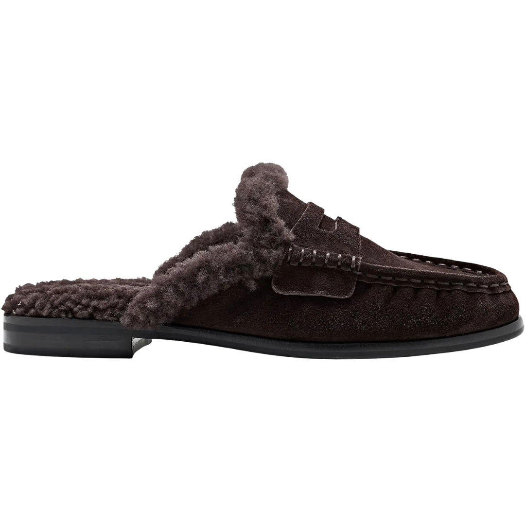 Carter Shearling Mules in Dark Chocolate Suede