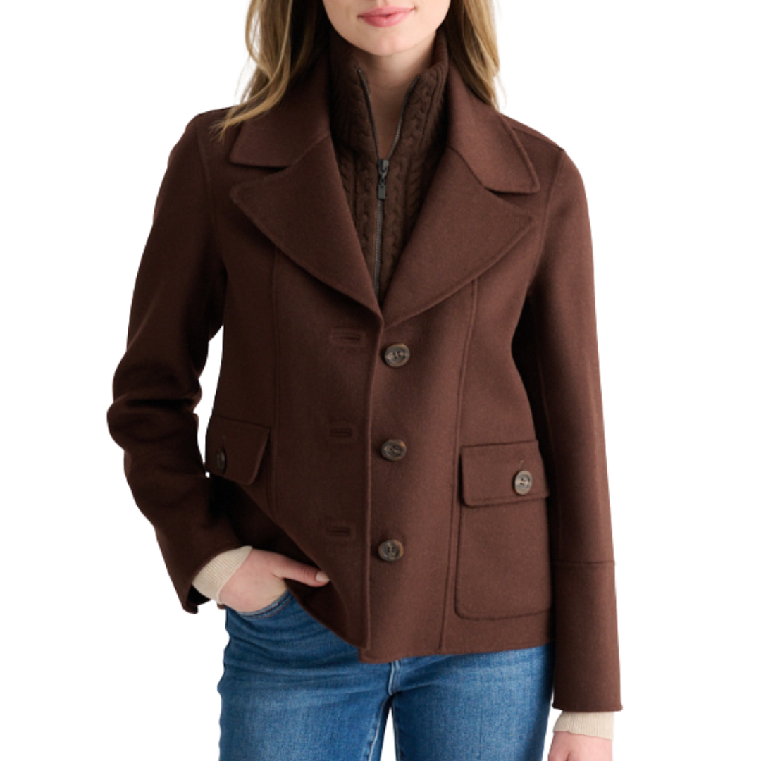 Cable Knit Insert Notch Collar Coat in Chocolate