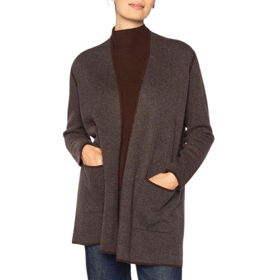 Jacquard Herringbone Cardigan in Chocolate/Flannel
