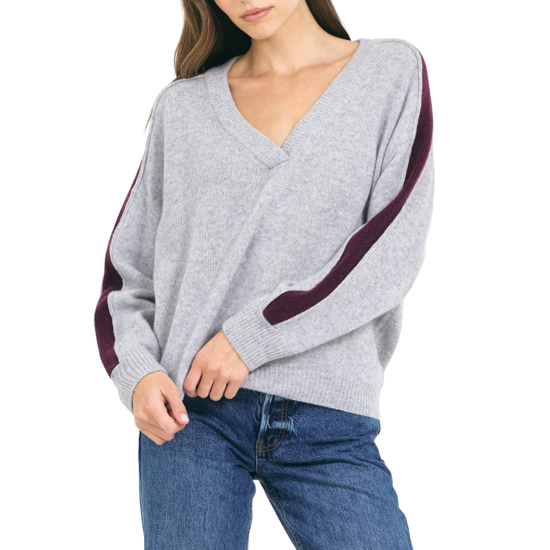 Connie Cashmere VNeck in Heather Grey Combo