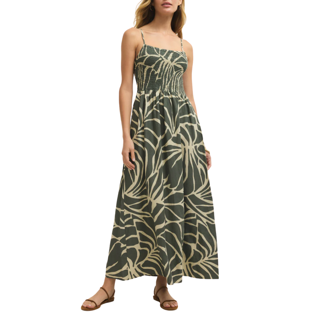 Bayside Tova Palm Linen Maxi Dress in Tea Leaf