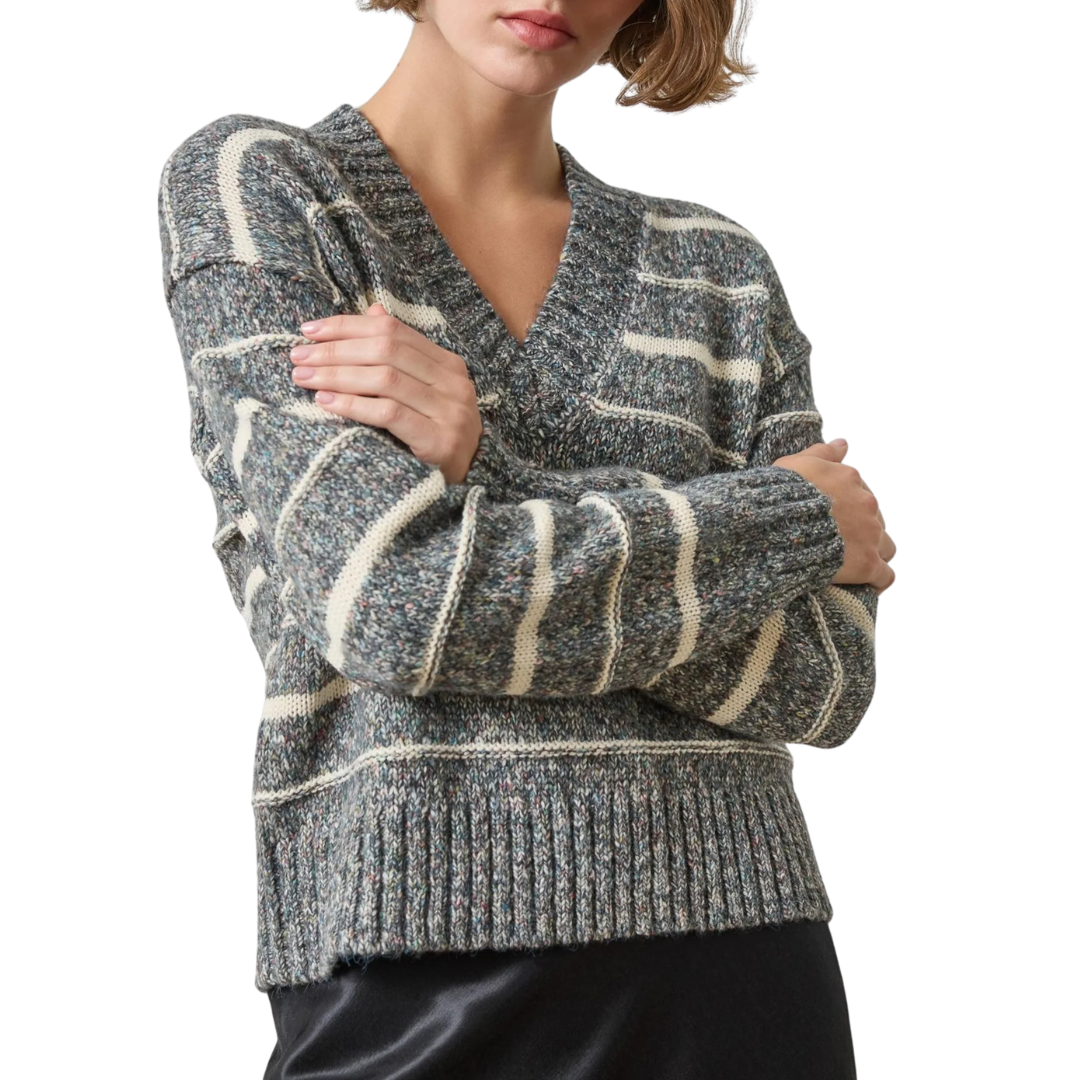 Multi Stripe V-Neck Sweater in Shadow Stripe