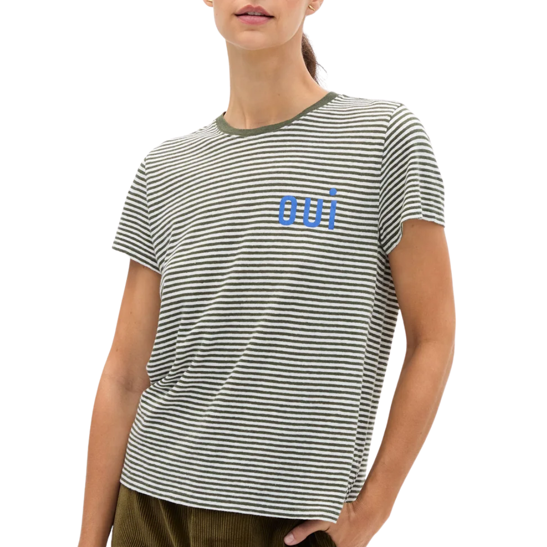 Classic Tee in Army/Cream Mini Stripe w/ Cobalt Oui