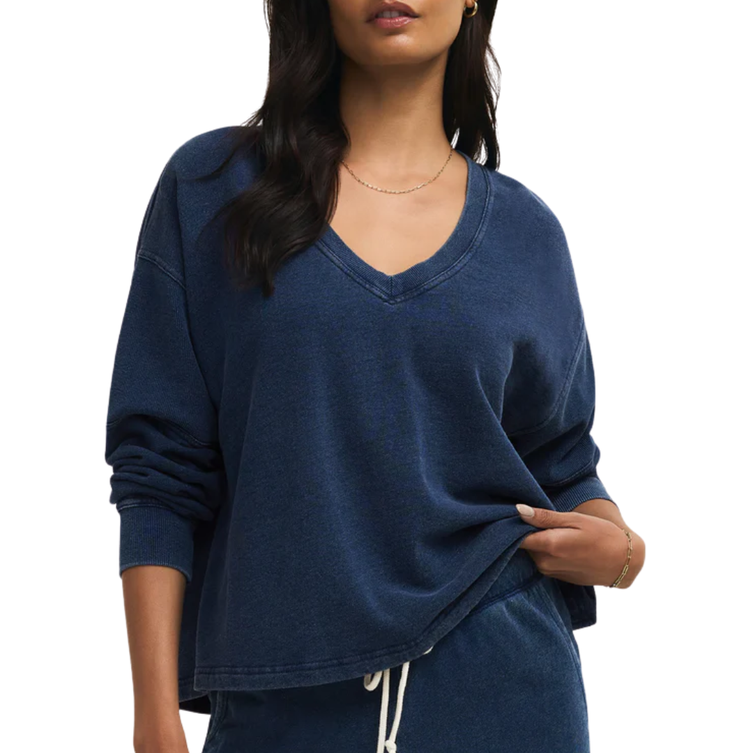 Delphine Knit Denim V-Neck Sweatshirt in Indigo