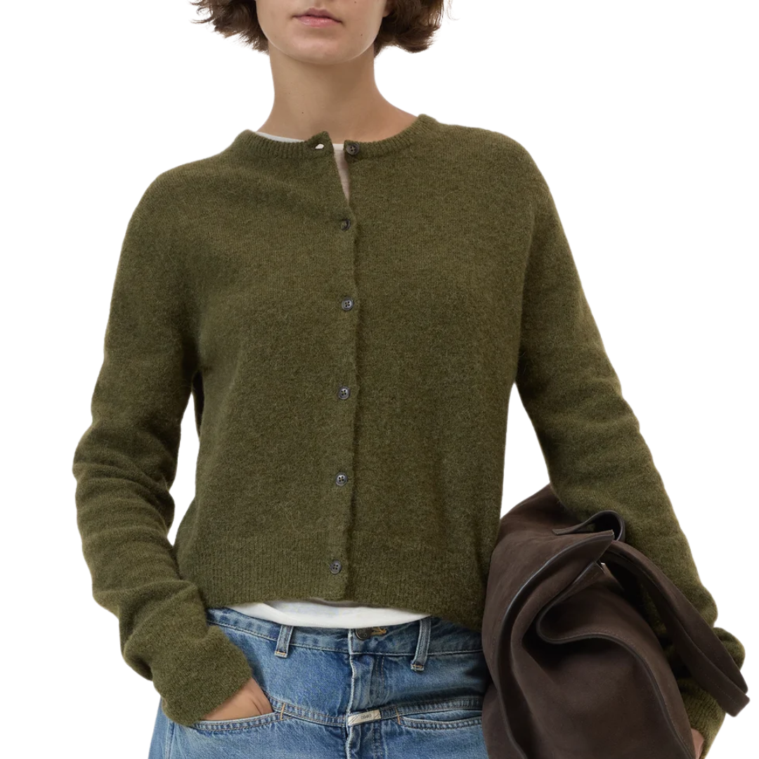 Crew Neck Cardigan in Deep Olive