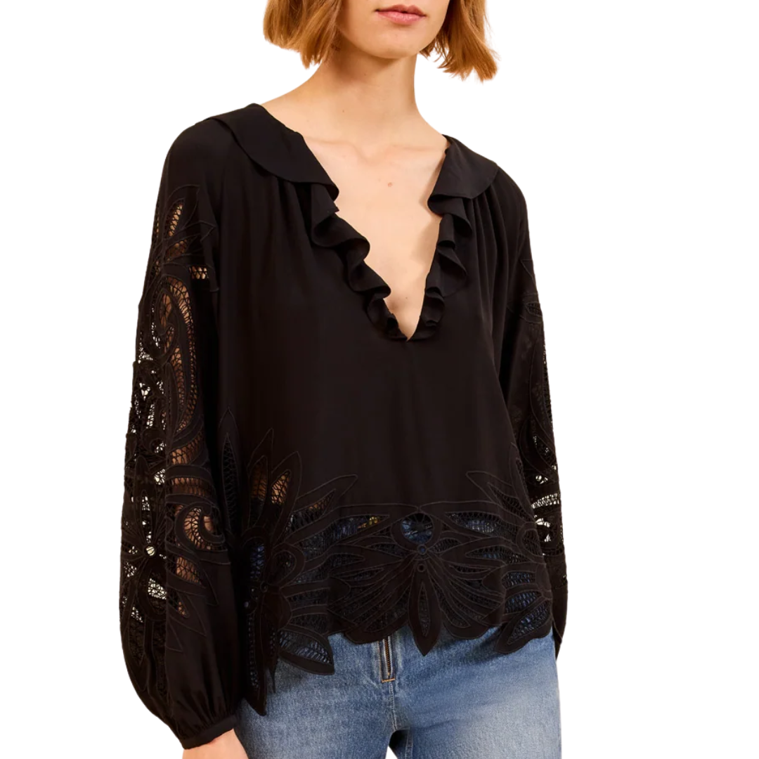 Adonis Silk Applique Blouse in Noir