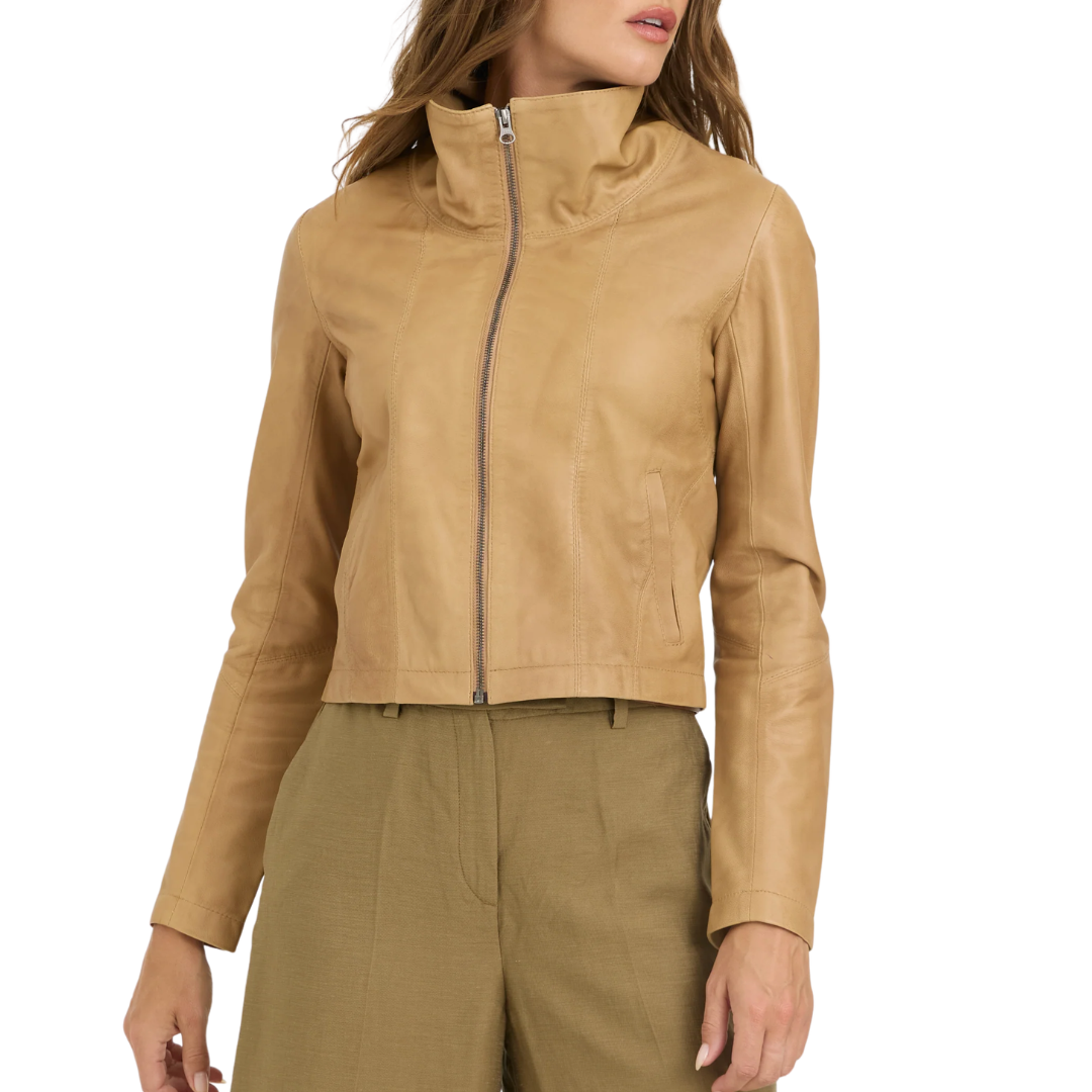 Katrina Patina Leather Bomber in Fawn