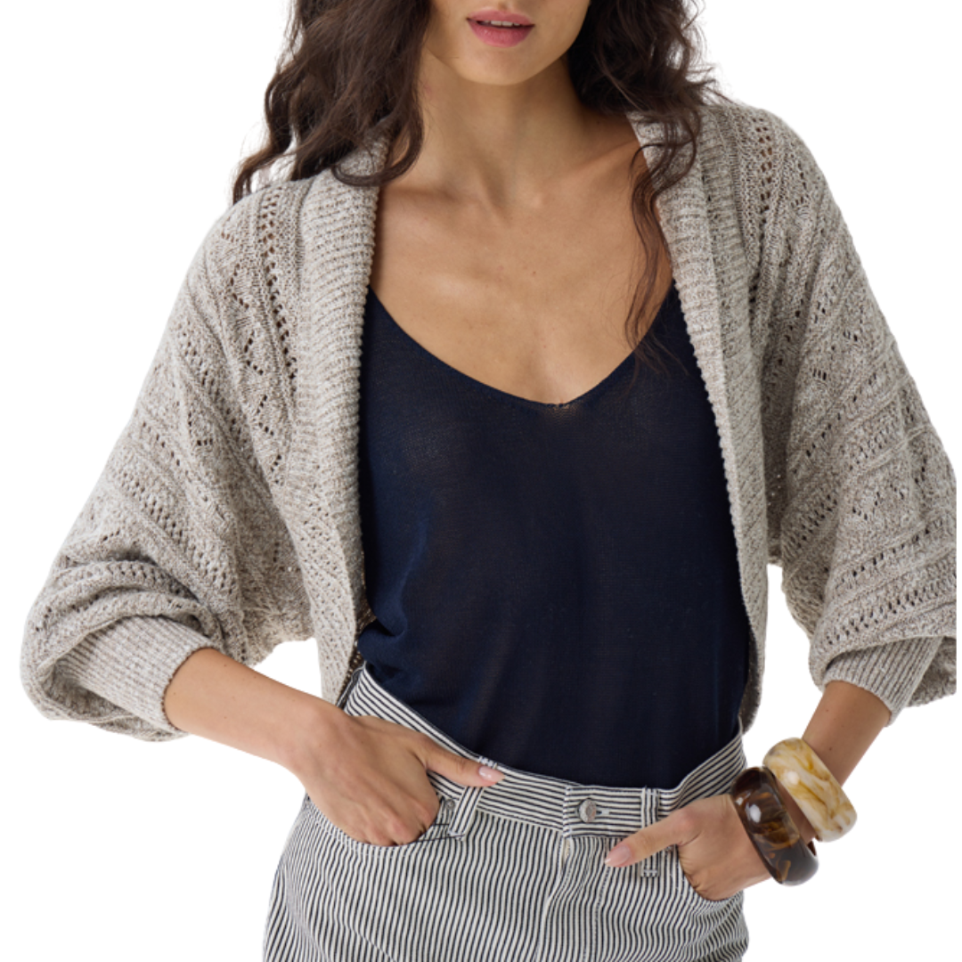 Tweedy Pointelle Cocoon Shrug in Driftwood