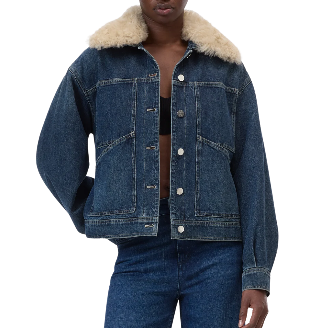 Denim Jacket Shearling Collar in Dark Blue