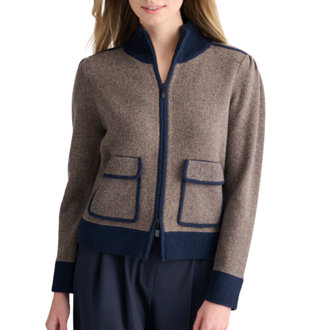 Tweed Zip Mock Cardigan in Navy/Scotch