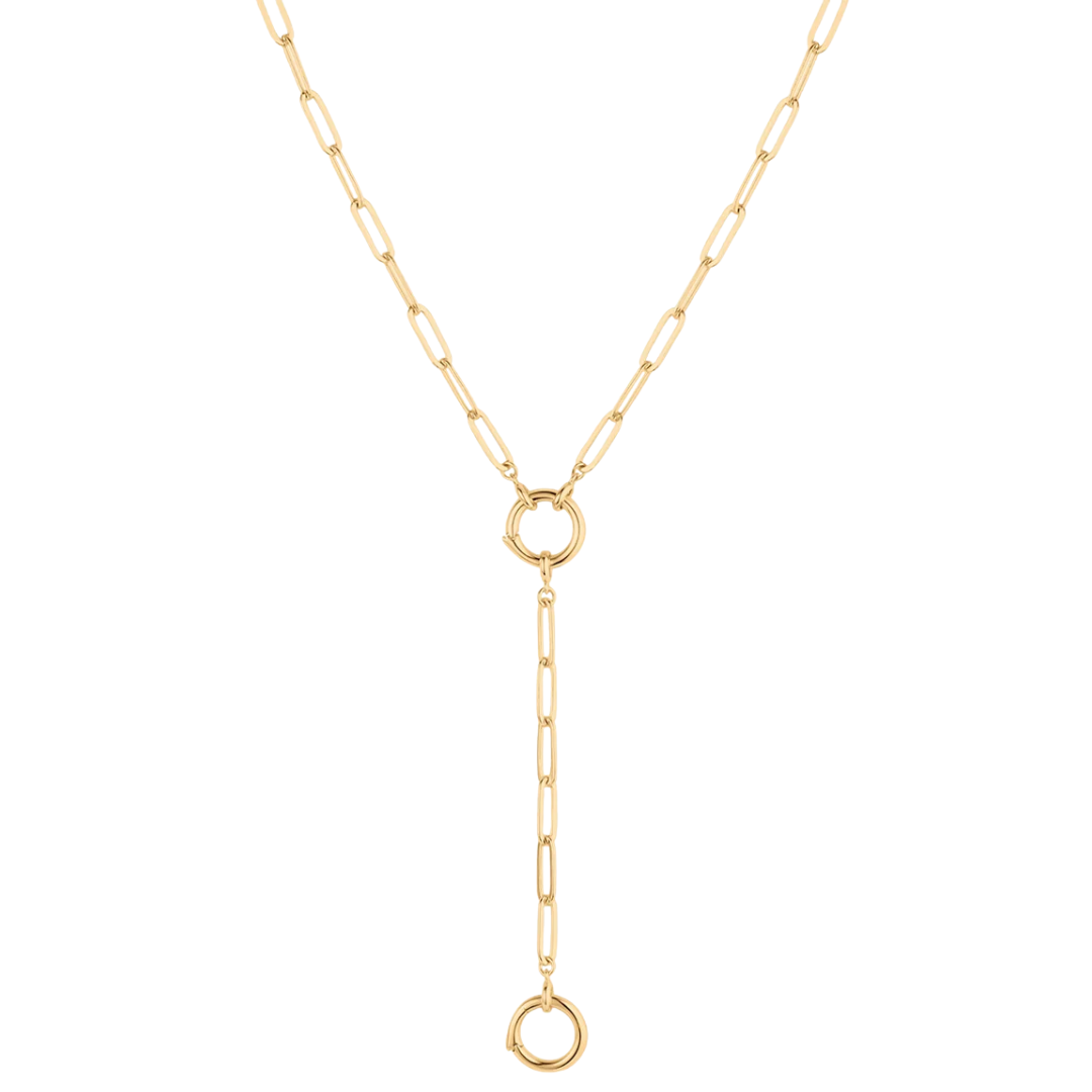 Finn Paperclip Charm Lariat Necklace in 14k Gold Plated