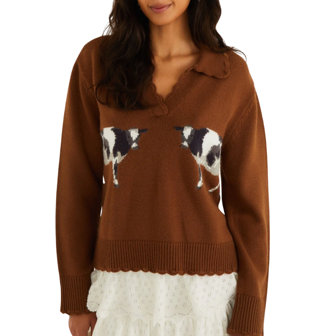 Countryside Cow Collared Knit Sweater in Brown