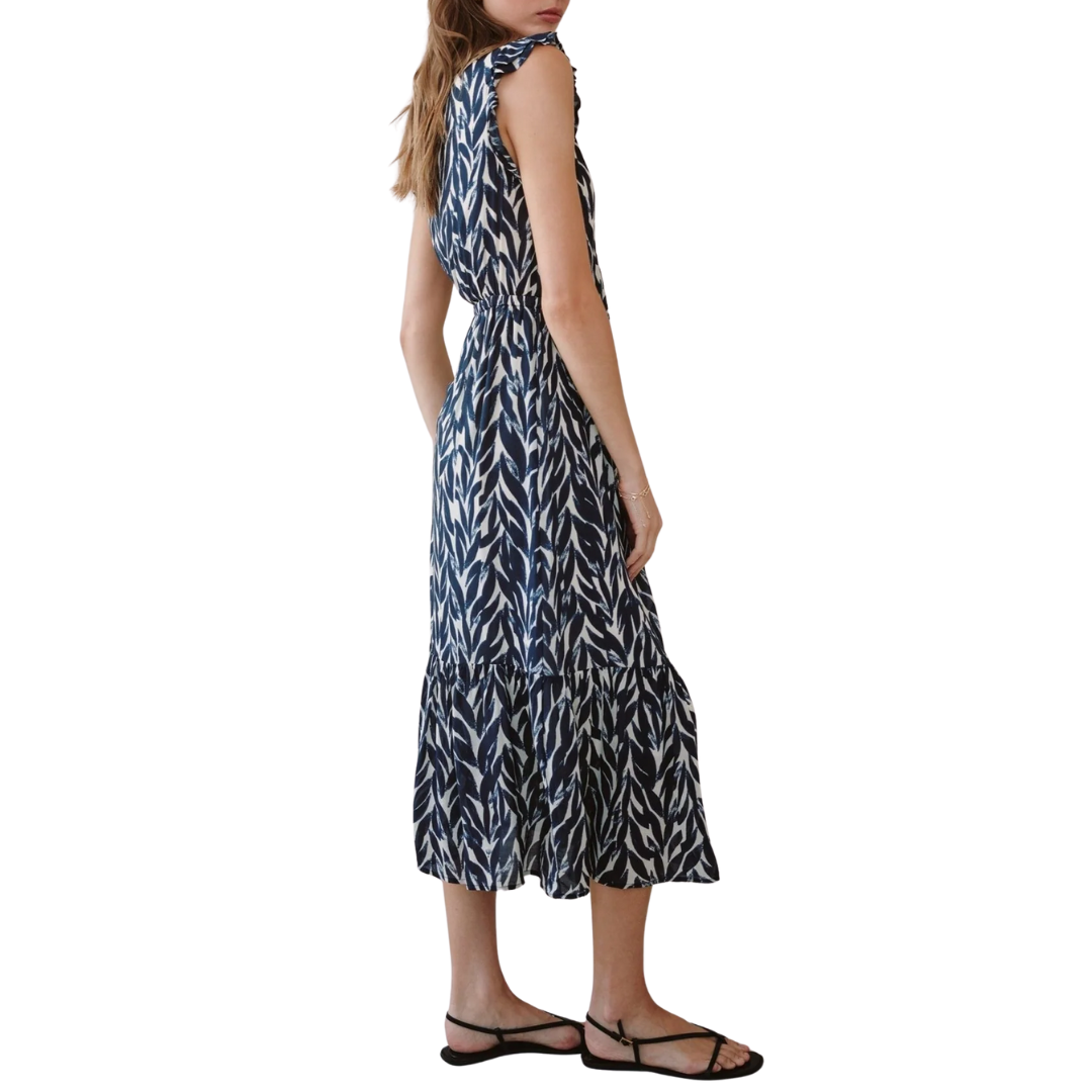 Ruffle Midi Dress in Navy Leaves