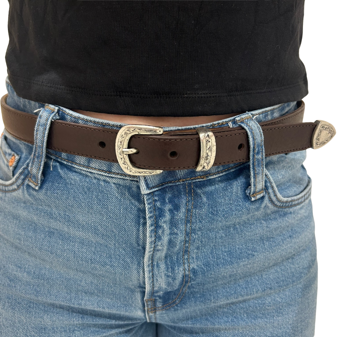 Dublin Calf Belt with Etched Antique Silver Tip in Chocolate