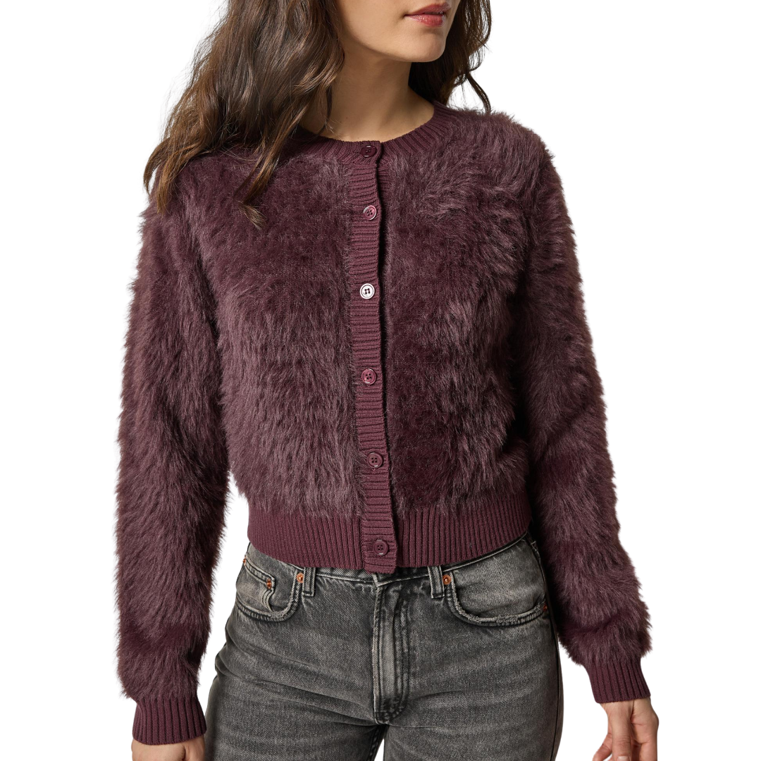 Brushed Crewneck Cardigan in Raisin