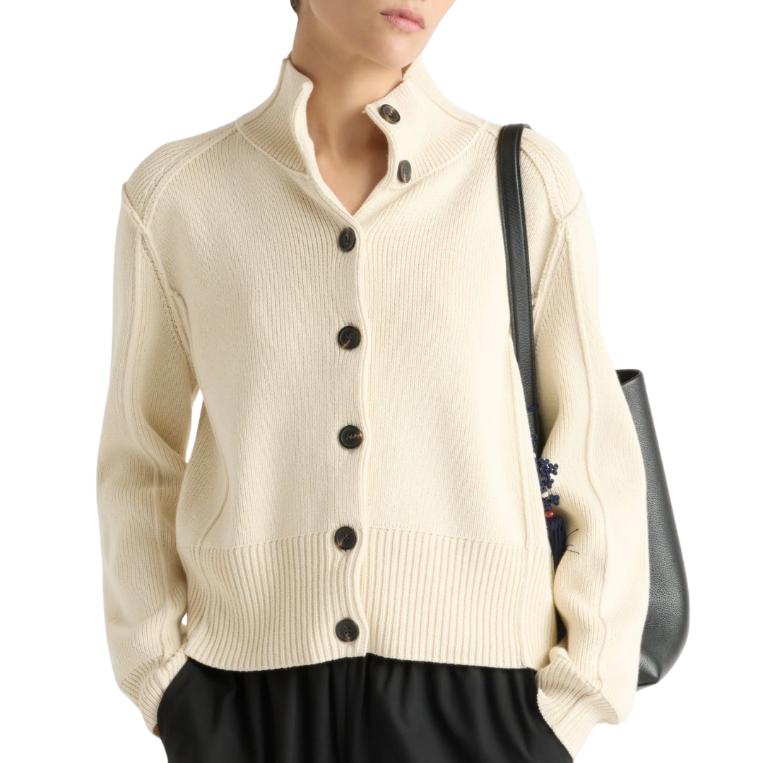 Clove Button Mock-Neck Knit Cardigan in Cream