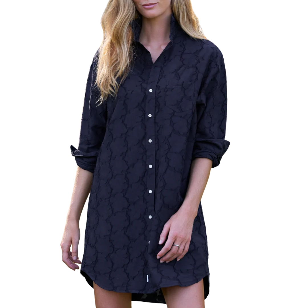 Mary Classic Shirtdress in Textured Black Flowers