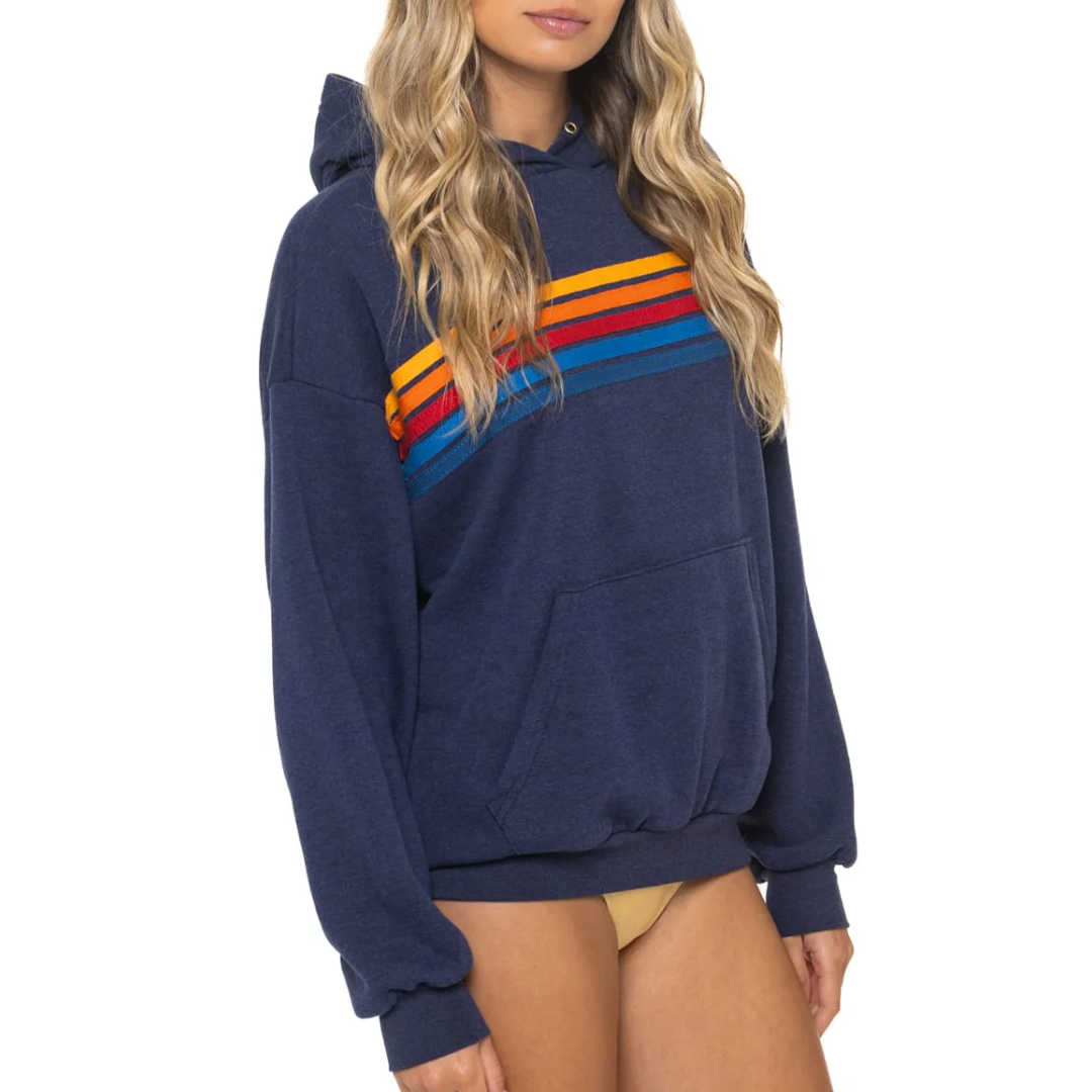 5 Stripe Relaxed Pullover Hoodie in Navy